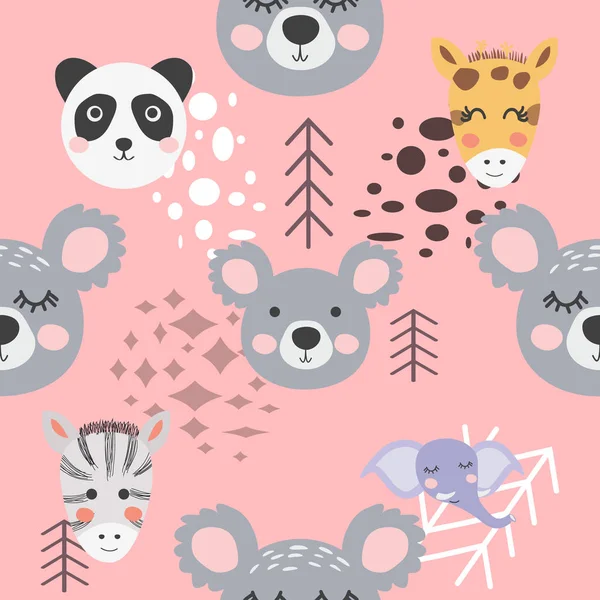 Cute hand drawn nursery seamless pattern with wild animals in sc — ストックベクタ