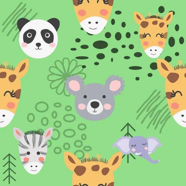 Cute hand drawn nursery seamless pattern with wild animals in sc — ストックベクタ