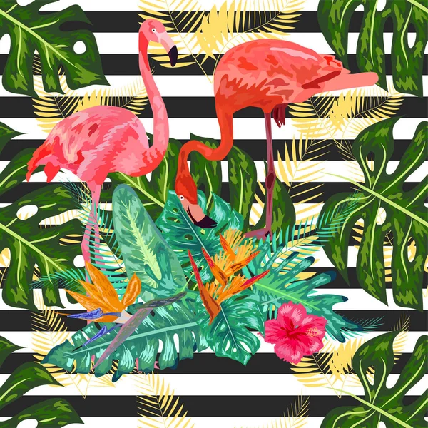 Roze flamingo hibiscus, monstera, bananenblad Tropische zomerzee — Stockvector