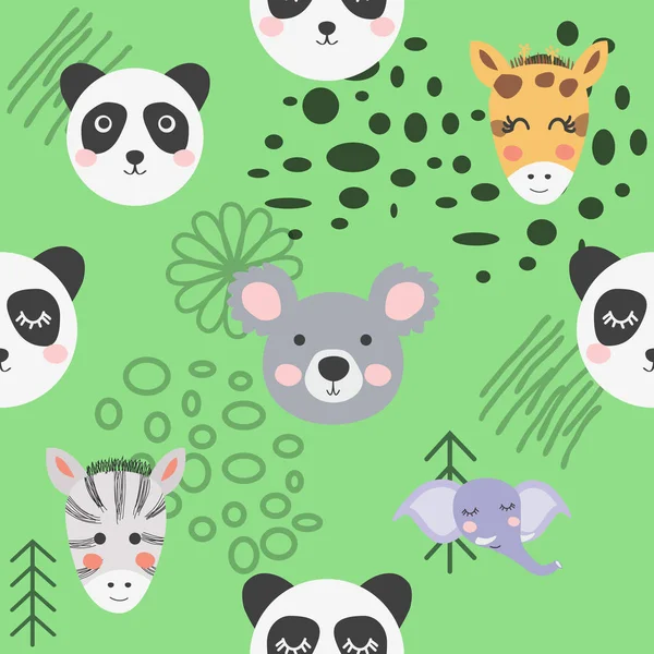 Cute hand drawn nursery seamless pattern with wild animals in sc — ストックベクタ