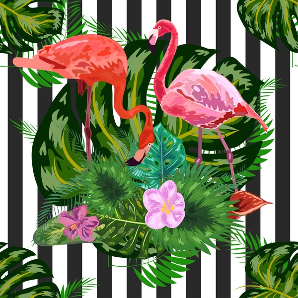 Rosa flamingos hibiscus, monstera, bananblad Tropiskt sommarhav — Stock vektor