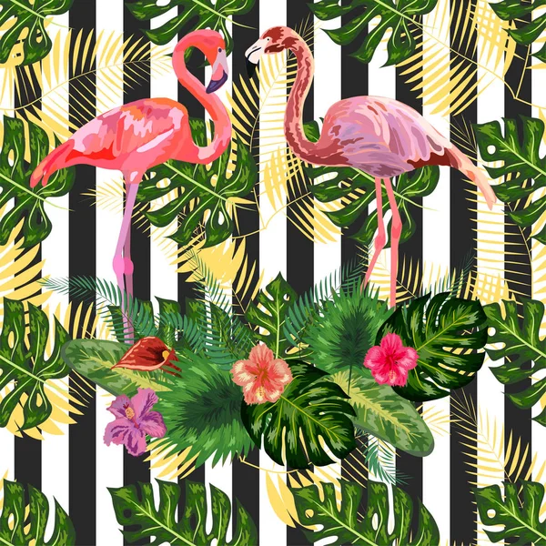在黑色和w上打印美丽的热带水彩画粉色火烈鸟 — 图库矢量图片