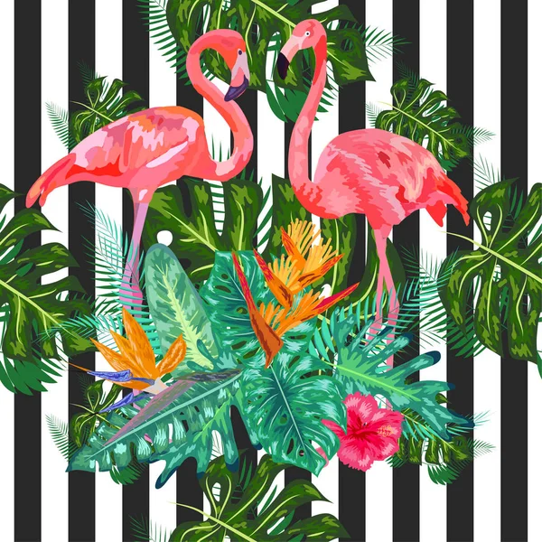 Růžový flamingos hibiscus, monstera, banánový list Tropické letní moře — Stockový vektor