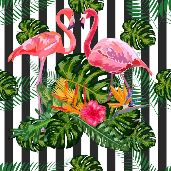 Print mooie tropisch aquarel roze flamingo op een zwart en w — Stockvector