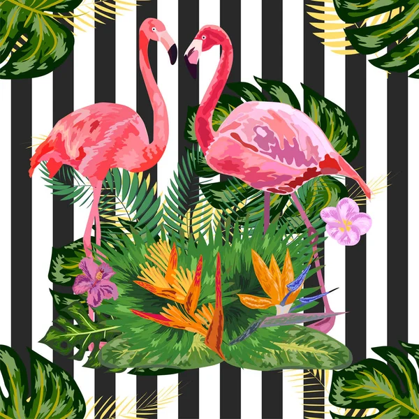 Roze flamingo hibiscus, monstera, bananenblad Tropische zomerzee — Stockvector