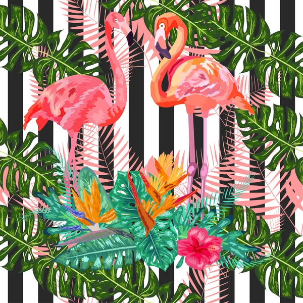 Flamants roses hibiscus, monstère, feuille de banane Tropique mer d'été — Image vectorielle