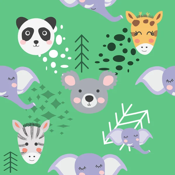 Seamless pattern with rhinoceros, elephant, crocodile. Creative — 스톡 벡터