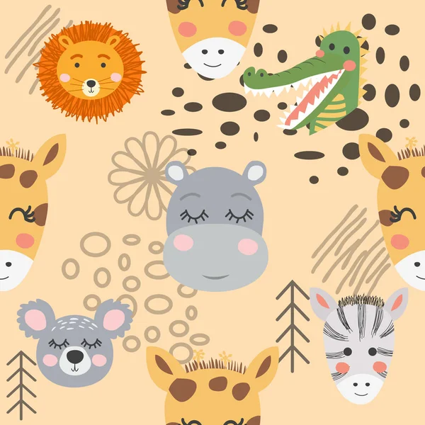 Seamless pattern with rhinoceros, elephant, crocodile. Creative — Stock vektor