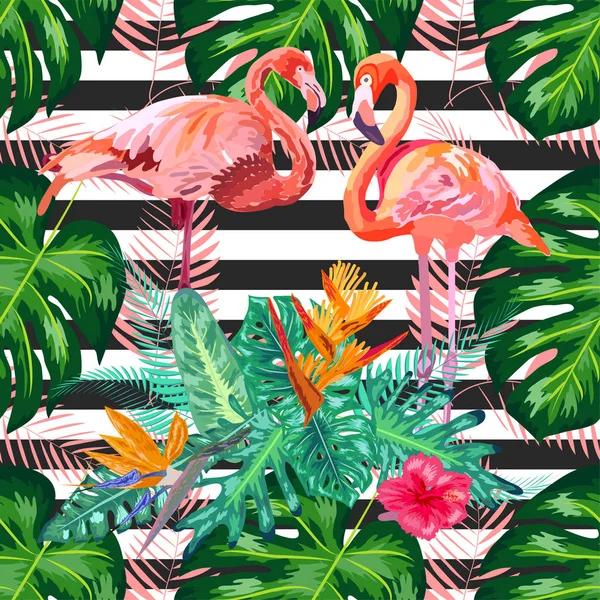 Nahtloses Muster mit dunkelblauen Grunge-Streifen und rosa Flamingo — Stockvektor