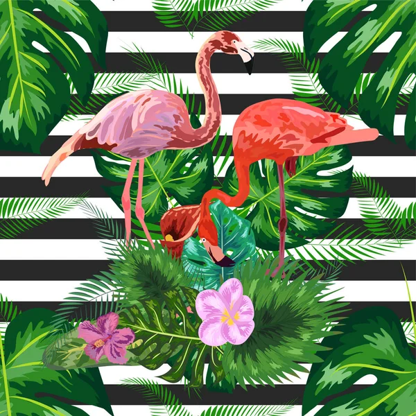 Seamless pattern with dark blue grunge stripes and pink flamingo — 스톡 벡터