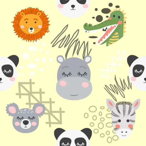 Seamless pattern with rhinoceros, elephant, crocodile. Creative — Stock vektor