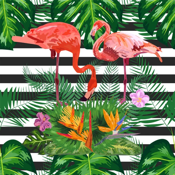 Seamless pattern with dark blue grunge stripes and pink flamingo