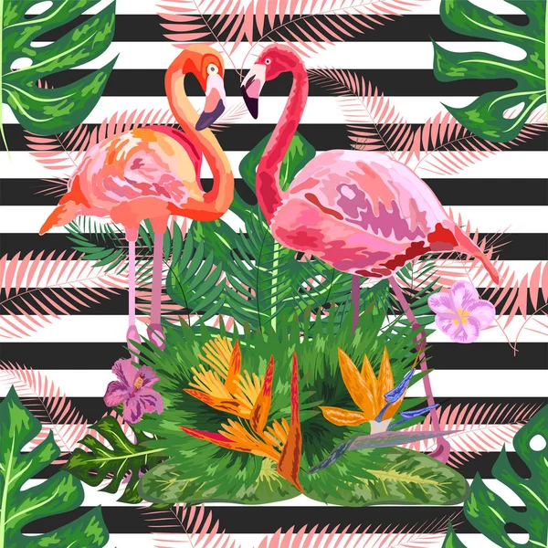Naadloos patroon met donkerblauwe grunge strepen en roze flamingo — Stockvector