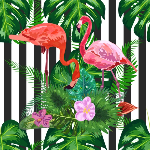 Sömlöst mönster med mörkblå grunge ränder och rosa flamingo — Stock vektor