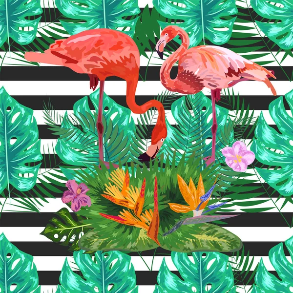 Seamless pattern with dark blue grunge stripes and pink flamingo — 스톡 벡터