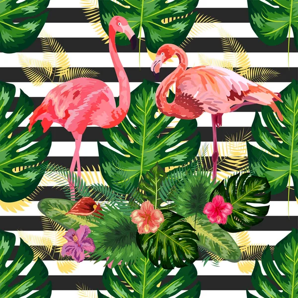 Seamless pattern pink flamingo and hibiscus flower on a black an — Stock vektor