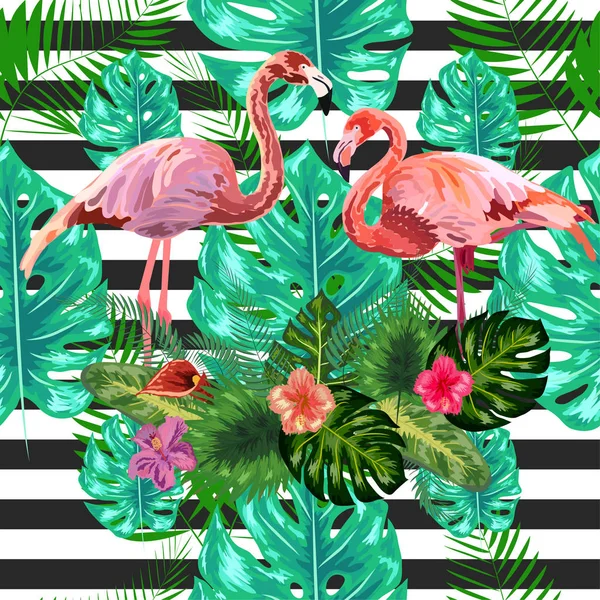 Motif sans couture rose flamant rose et fleur d'hibiscus sur un noir an — Image vectorielle