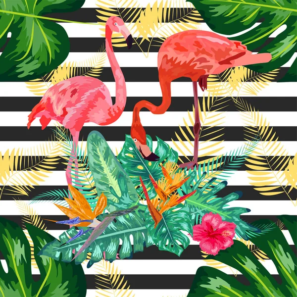 Naadloos patroon met donkerblauwe grunge strepen en roze flamingo — Stockvector