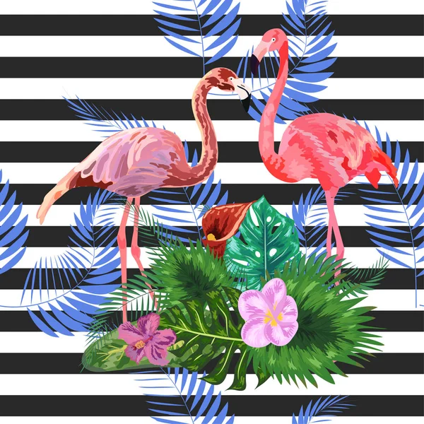Print mooie tropisch aquarel roze flamingo en hibiscus flo — Stockvector