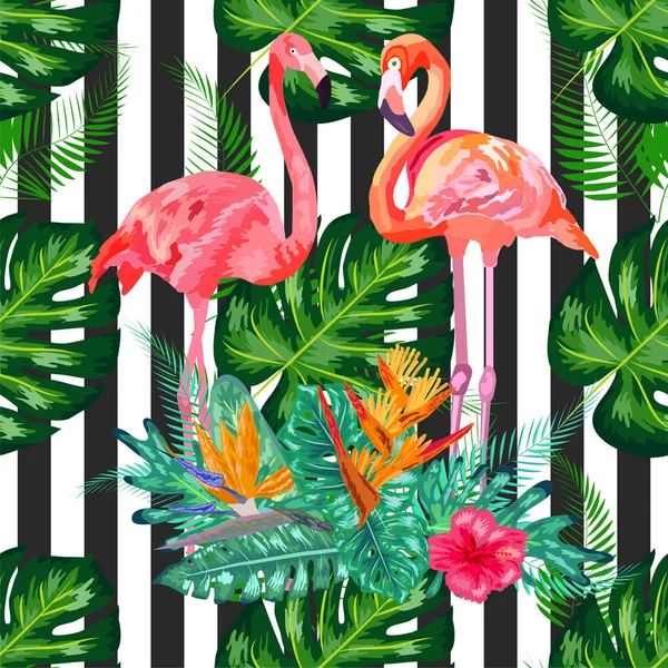 Print mooie tropisch aquarel roze flamingo en hibiscus flo — Stockvector