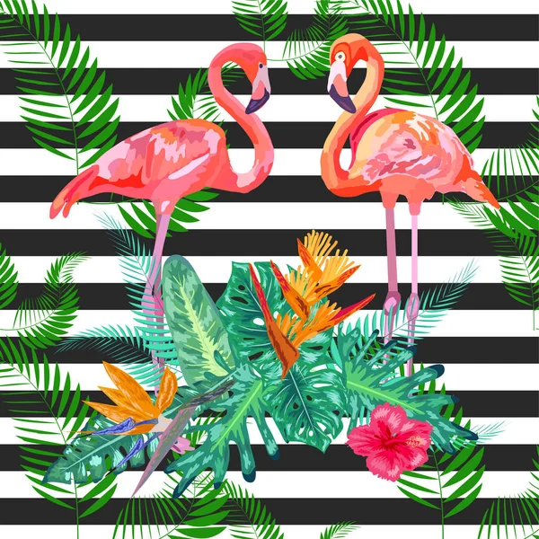 印刷美丽的热带水彩画，粉色火烈鸟和芙蓉 — 图库矢量图片
