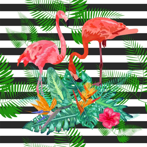 Stampa bellissimo acquerello tropicale fenicottero rosa e ibisco flo — Vettoriale Stock
