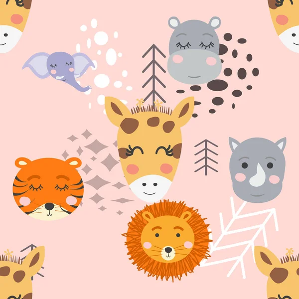 Cartoon cute animal tribal faces. Boho cute animals pattern