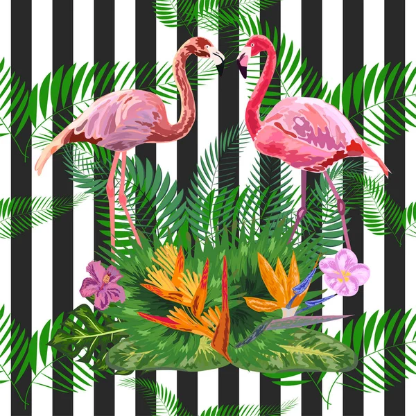 Print mooie tropisch aquarel roze flamingo en hibiscus flo — Stockvector