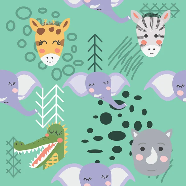 Cartoon cute animal tribal faces. Boho cute animals pattern — 스톡 벡터