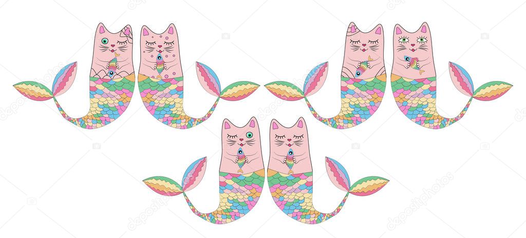 Set of cute cat mermaids isolated on white background. Doodle