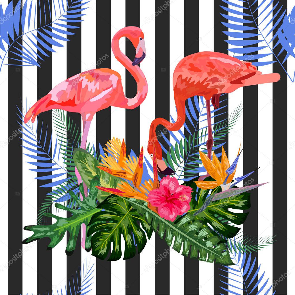 Print beautiful tropic watercolor pink flamingo and hibiscus flo