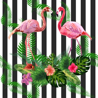 Güzel tropik suluboya pembe flamingo ve amfibik flo yazdır