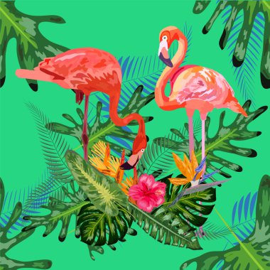 Pembe flamingoları olan kusursuz çiçek desenli güzel bir arka plan.