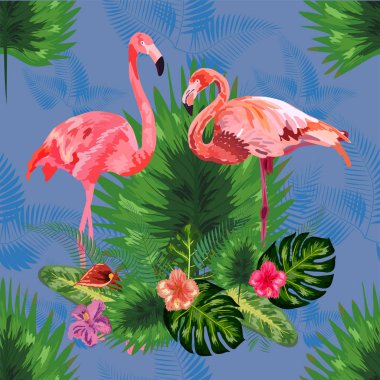 Pembe flamingoları olan kusursuz çiçek desenli güzel bir arka plan.