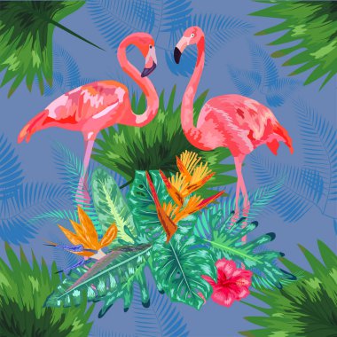 Tropical trendy seamless pattern with pink flamingos and mint gr clipart