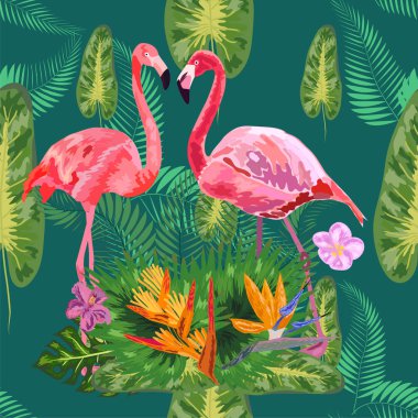 Pembe flamingolar, tropik çiçekler ve orman yaprakları, amberçiçeği, pi