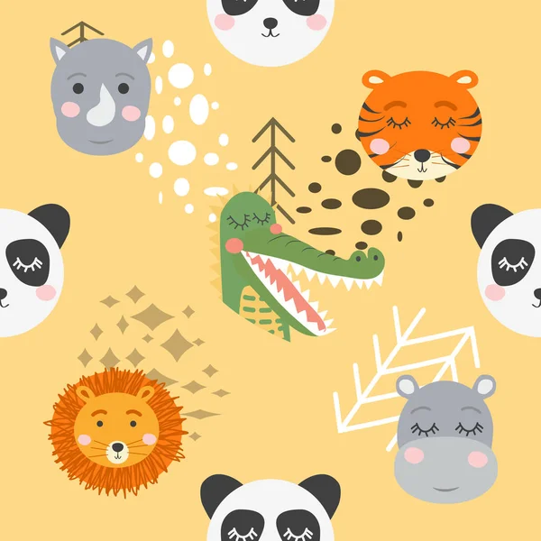 Cartoon mignon animaux visages tribaux. Boho mignon animaux modèle — Image vectorielle