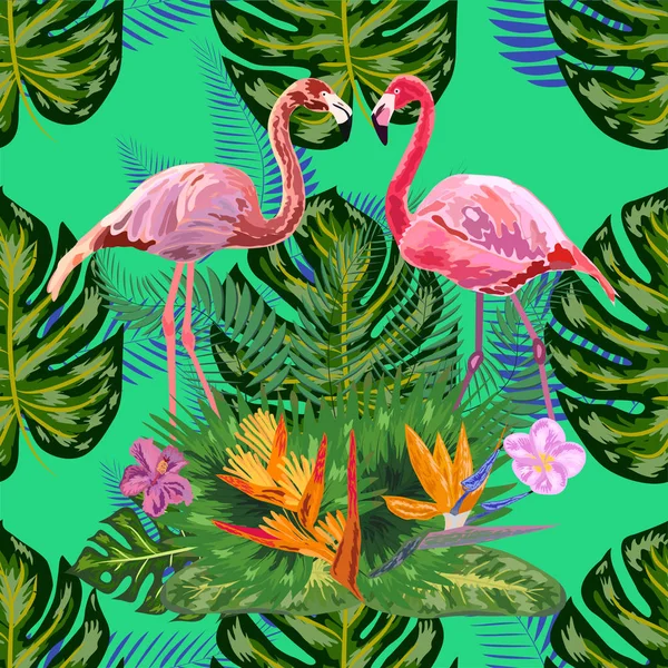 Beau motif sans couture dessiné à la main avec des feuilles de palmier et flami — Image vectorielle