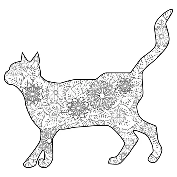 Színező könyv Magic macska felnőtteknek. Kézzel rajzolt művészi etn — Stock Vector