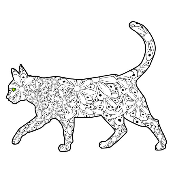 Coloring book Magic cat for adults. Hand drawn artistically ethn