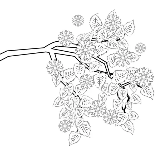 Branche de coloriage avec des fleurs pour adultes. Dessiné artistiquement à la main — Image vectorielle