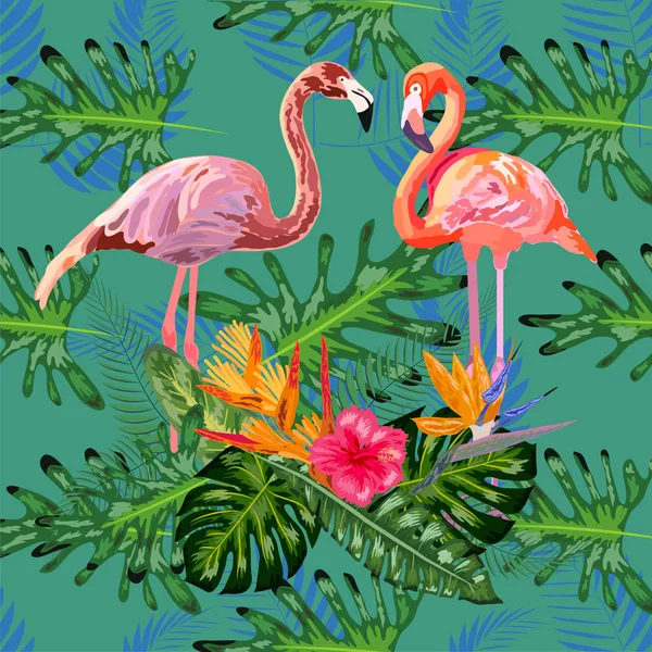 Beautiful seamless floral pattern background with pink flamingos — Stock vektor