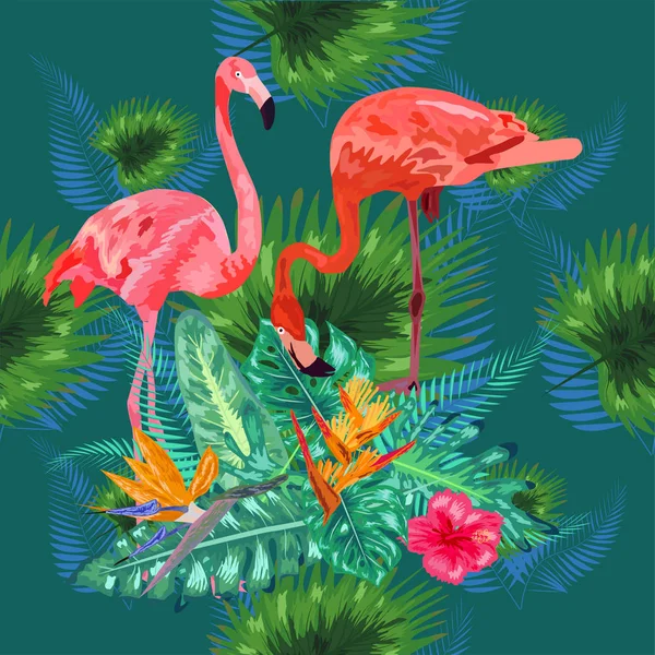 Tropical trendy seamless pattern with pink flamingos and mint gr — Stock vektor