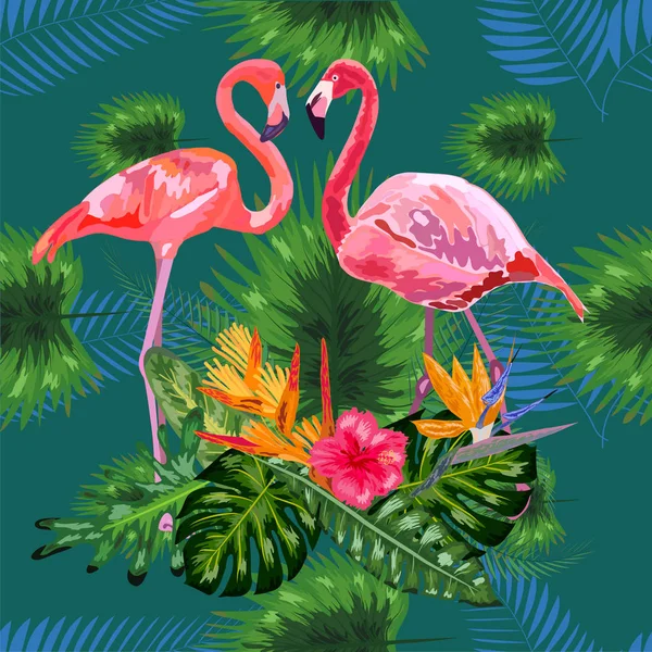 Beautiful seamless floral pattern background with pink flamingos — Stock Vector