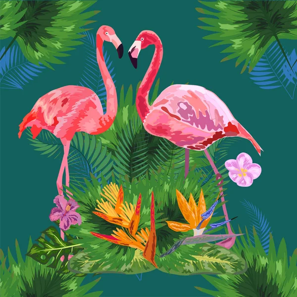 Fundo de padrão floral sem costura bonita com flamingos rosa — Vetor de Stock