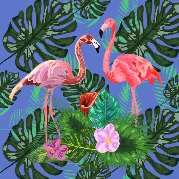 Tropische trendige nahtlose Muster mit rosa Flamingos und Minzgrau — Stockvektor