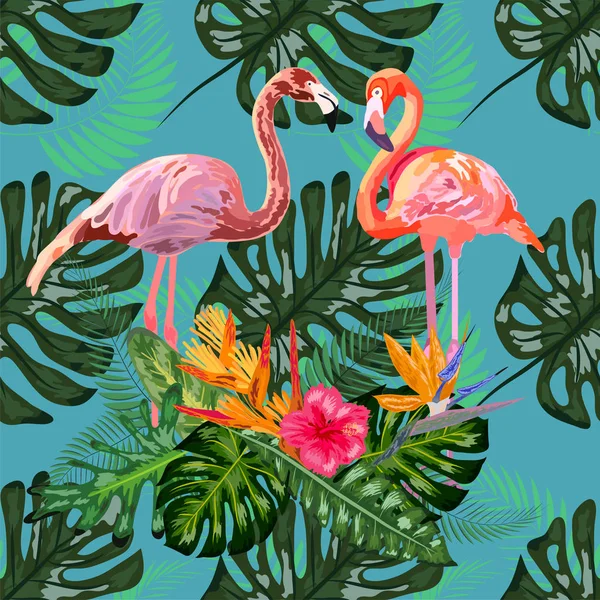 Mooie naadloze bloemenpatroon achtergrond met roze flamingo 's — Stockvector