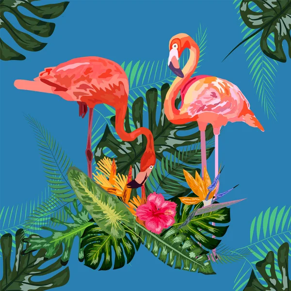 Hermoso fondo de patrón floral sin costuras con flamencos rosados — Vector de stock