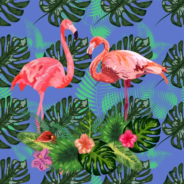 Schöne nahtlose Blumenmuster Hintergrund mit rosa Flamingos — Stockvektor