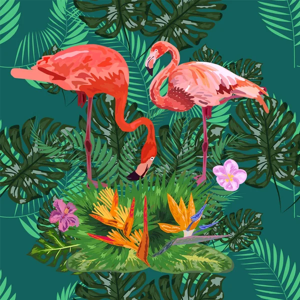 Hermoso fondo de patrón floral sin costuras con flamencos rosados — Vector de stock